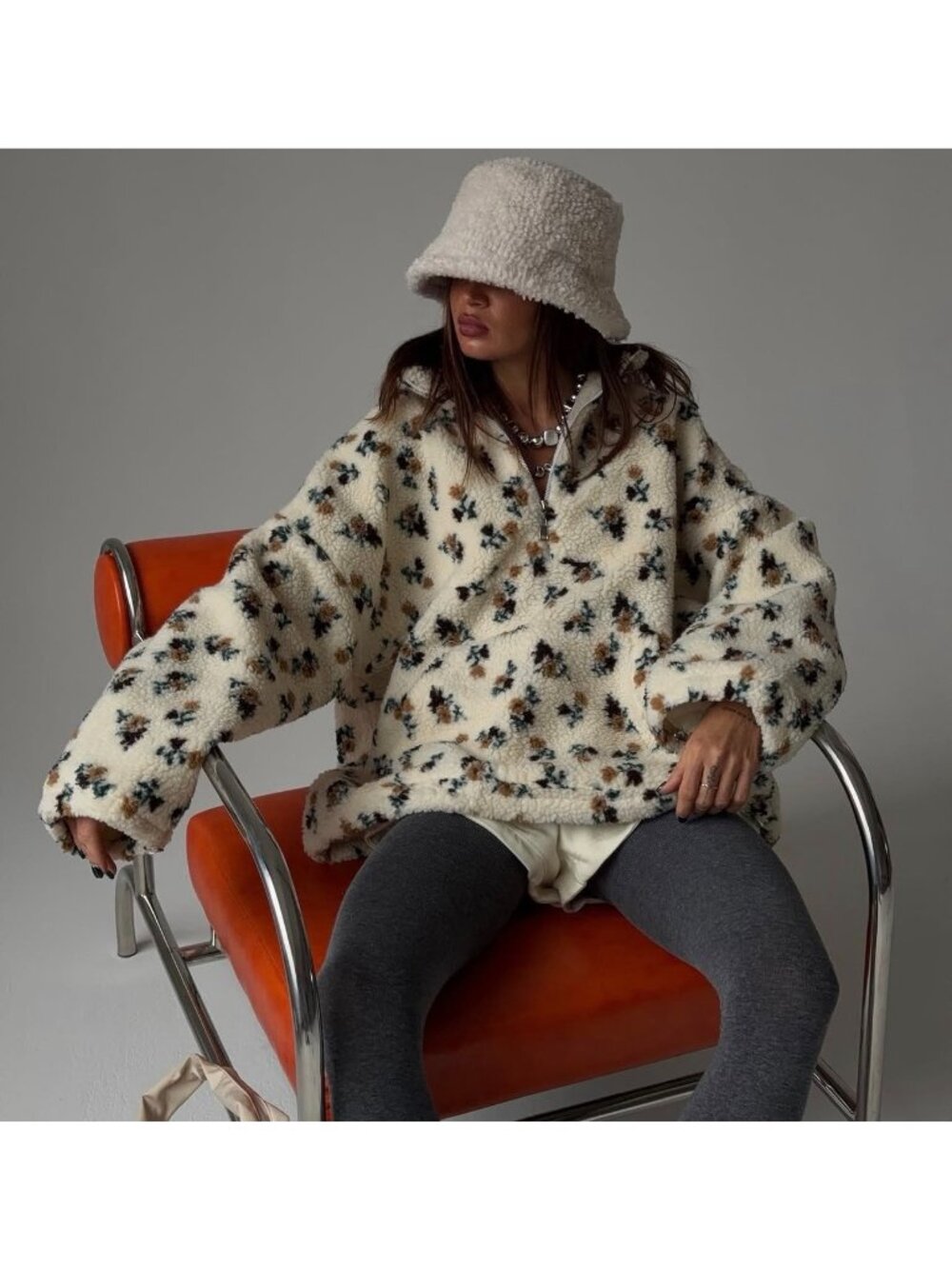 Mittoshop Daisy Floral Fleece Sweater Womens Small Mock Neck Sherpa Cozy Dainty